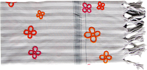 Hand Embroidered Flowers   -  Fine Striped Cotton Scarf