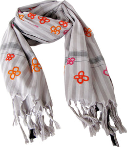 Hand Embroidered Flowers   -  Fine Striped Cotton Scarf